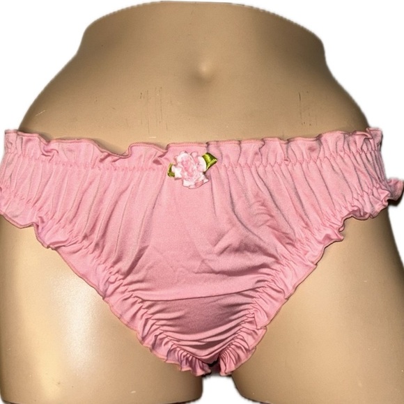 Coquette Pink Silky Smooth Stretchy Satin With Rosette Cheeky‎ Ruffled Panty NEW - Picture 4 of 14